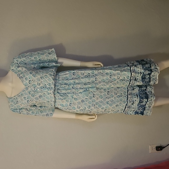 MARGAUX RIVIERA Aqua Patterned Short Sleeve V-Neck Blouson Shirt Dress - Picture 3 of 11